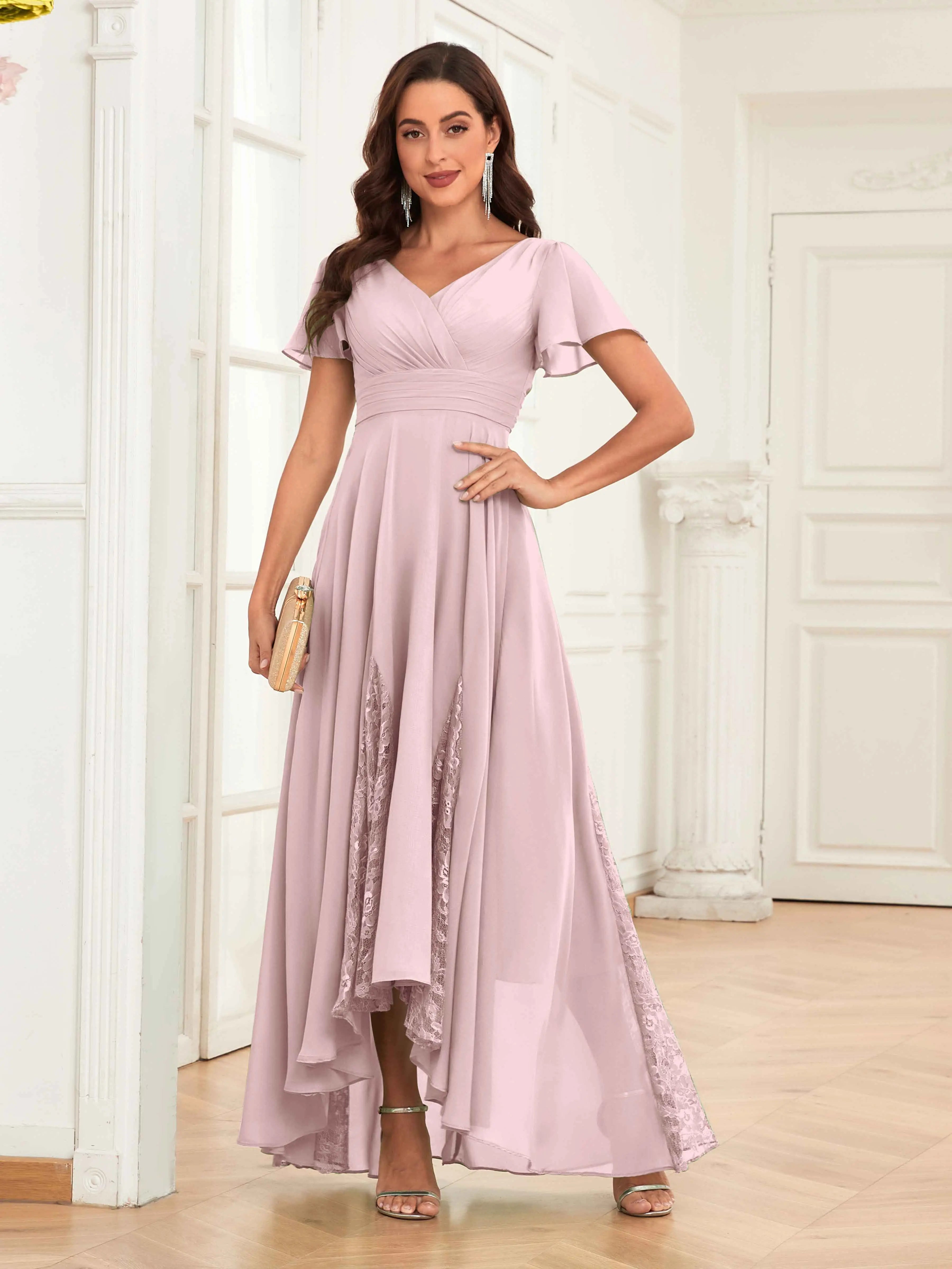 Mother of the Bride Chiffon Dress – Lace Ruched V-Neck High Low Formal Dress with Short Sleeves oaklynwear