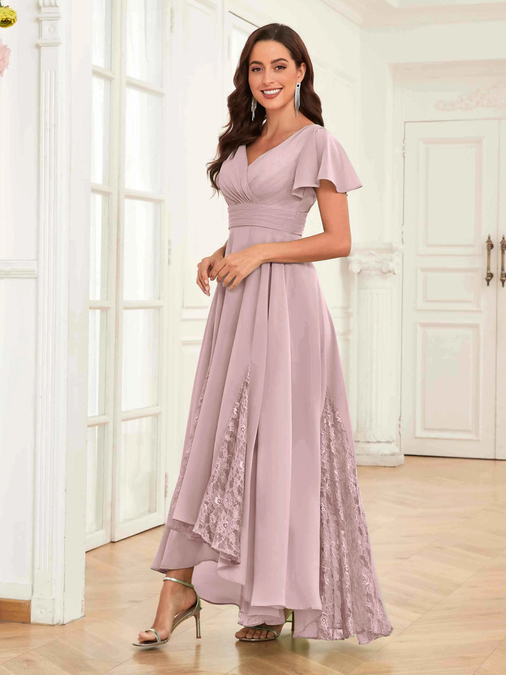 Mother of the Bride Chiffon Dress – Lace Ruched V-Neck High Low Formal Dress with Short Sleeves oaklynwear