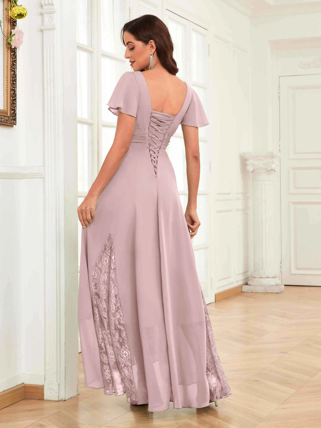 Mother of the Bride Chiffon Dress – Lace Ruched V-Neck High Low Formal Dress with Short Sleeves oaklynwear