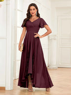 Mother of the Bride Chiffon Dress – Lace Ruched V-Neck High Low Formal Dress with Short Sleeves oaklynwear