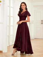 Mother of the Bride Chiffon Dress – Lace Ruched V-Neck High Low Formal Dress with Short Sleeves oaklynwear