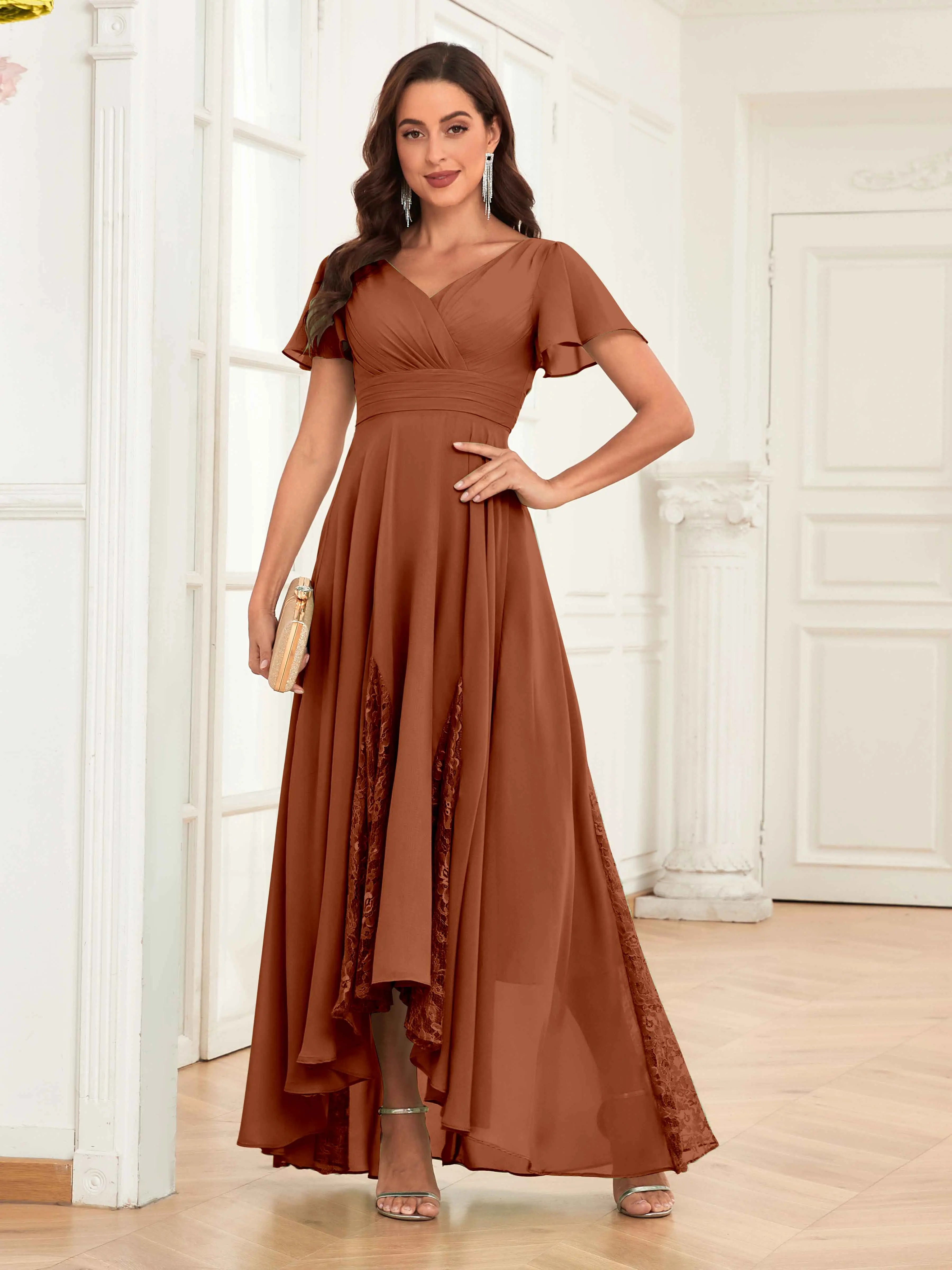 Mother of the Bride Chiffon Dress – Lace Ruched V-Neck High Low Formal Dress with Short Sleeves oaklynwear