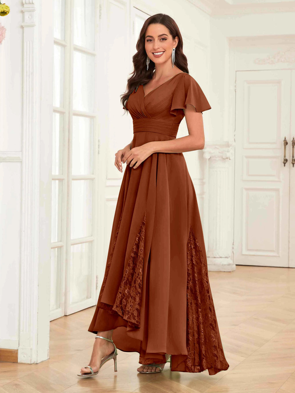 Mother of the Bride Chiffon Dress – Lace Ruched V-Neck High Low Formal Dress with Short Sleeves oaklynwear