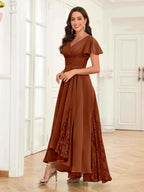 Mother of the Bride Chiffon Dress – Lace Ruched V-Neck High Low Formal Dress with Short Sleeves oaklynwear