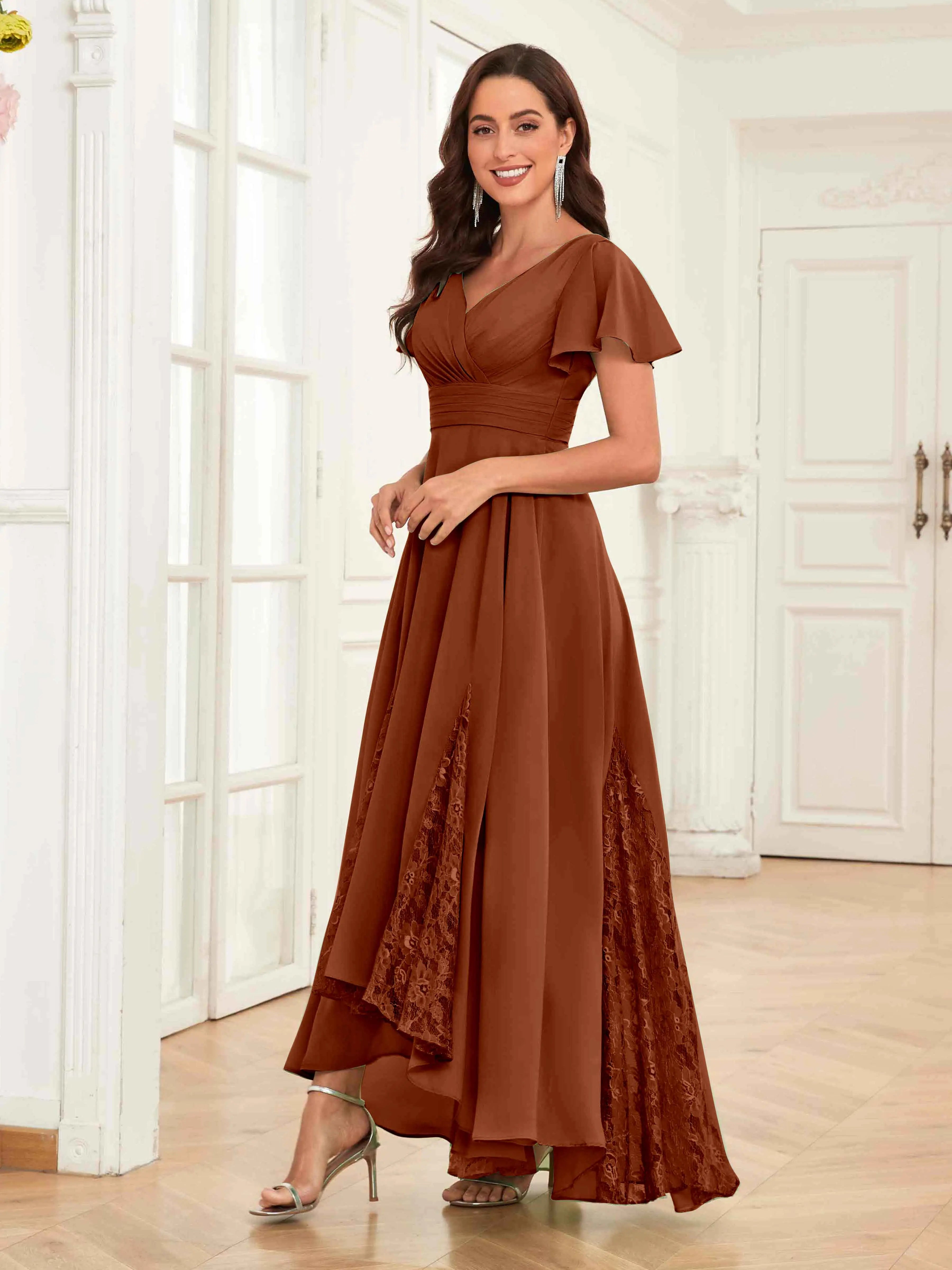 Mother of the Bride Chiffon Dress – Lace Ruched V-Neck High Low Formal Dress with Short Sleeves oaklynwear