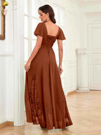 Mother of the Bride Chiffon Dress – Lace Ruched V-Neck High Low Formal Dress with Short Sleeves oaklynwear