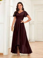 Mother of the Bride Chiffon Dress – Lace Ruched V-Neck High Low Formal Dress with Short Sleeves oaklynwear