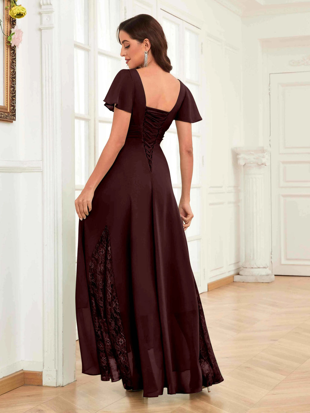 Mother of the Bride Chiffon Dress – Lace Ruched V-Neck High Low Formal Dress with Short Sleeves oaklynwear
