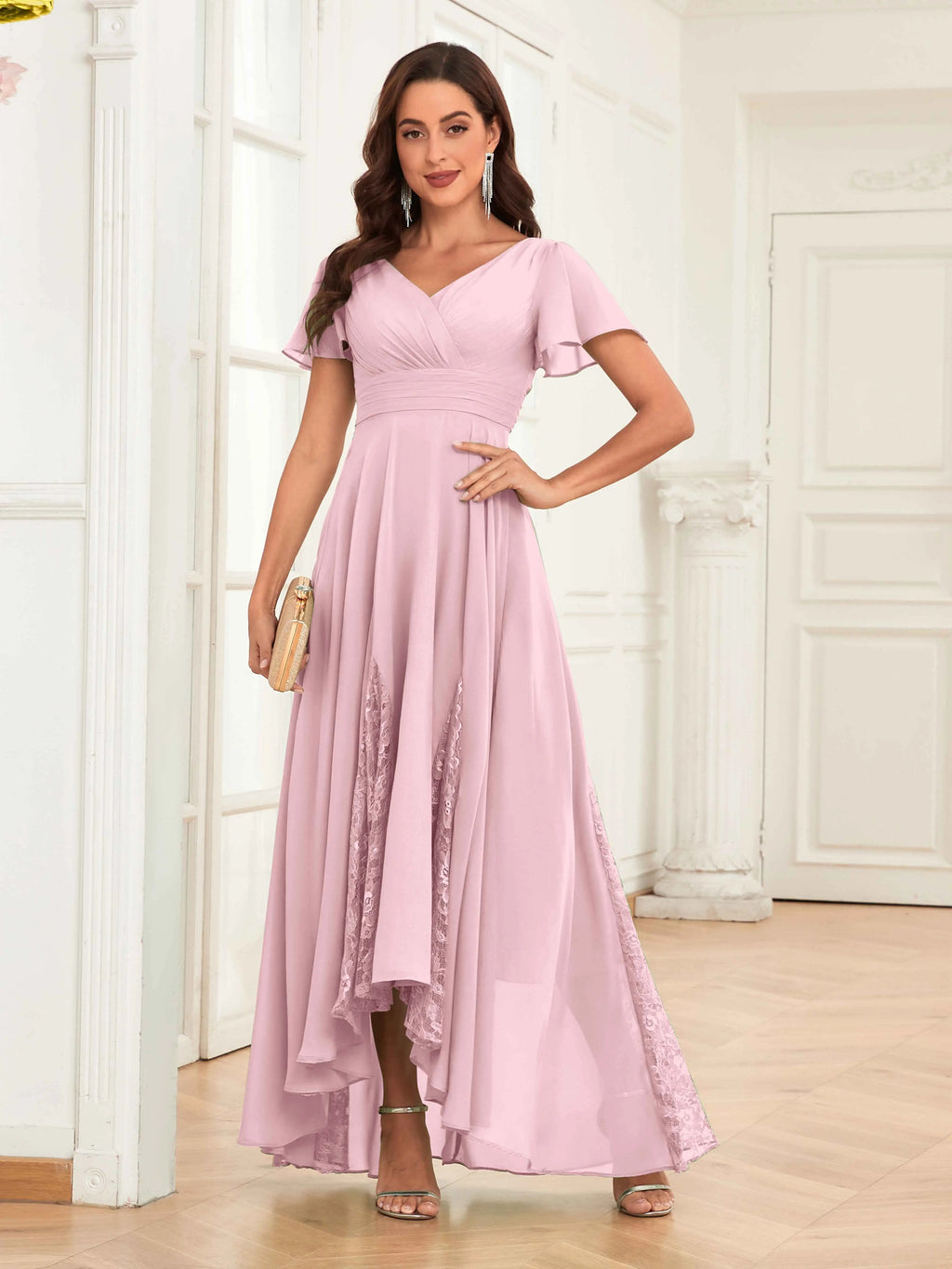 Mother of the Bride Chiffon Dress – Lace Ruched V-Neck High Low Formal Dress with Short Sleeves oaklynwear