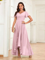 Mother of the Bride Chiffon Dress – Lace Ruched V-Neck High Low Formal Dress with Short Sleeves oaklynwear