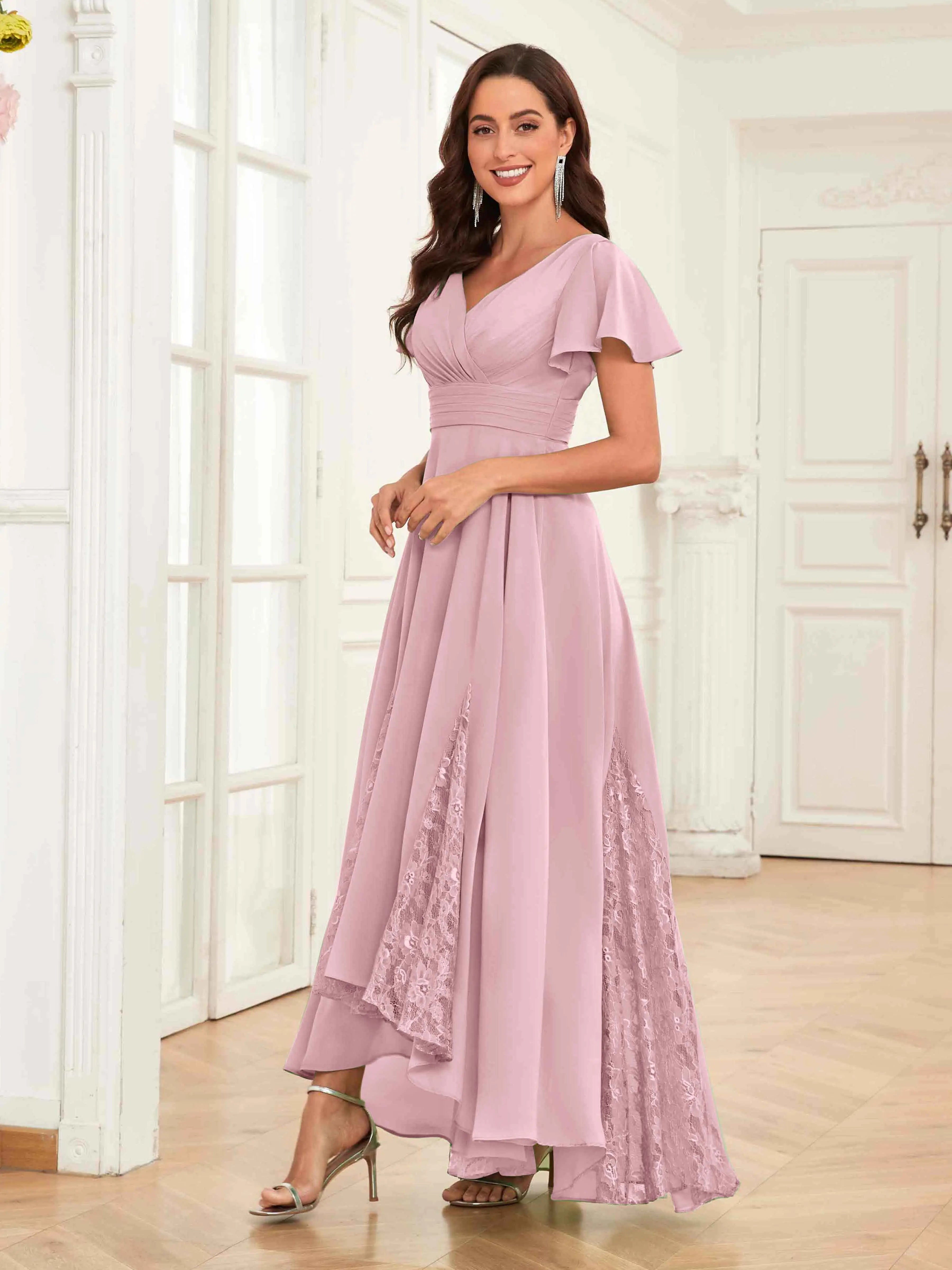 Mother of the Bride Chiffon Dress – Lace Ruched V-Neck High Low Formal Dress with Short Sleeves oaklynwear