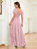 Mother of the Bride Chiffon Dress – Lace Ruched V-Neck High Low Formal Dress with Short Sleeves oaklynwear