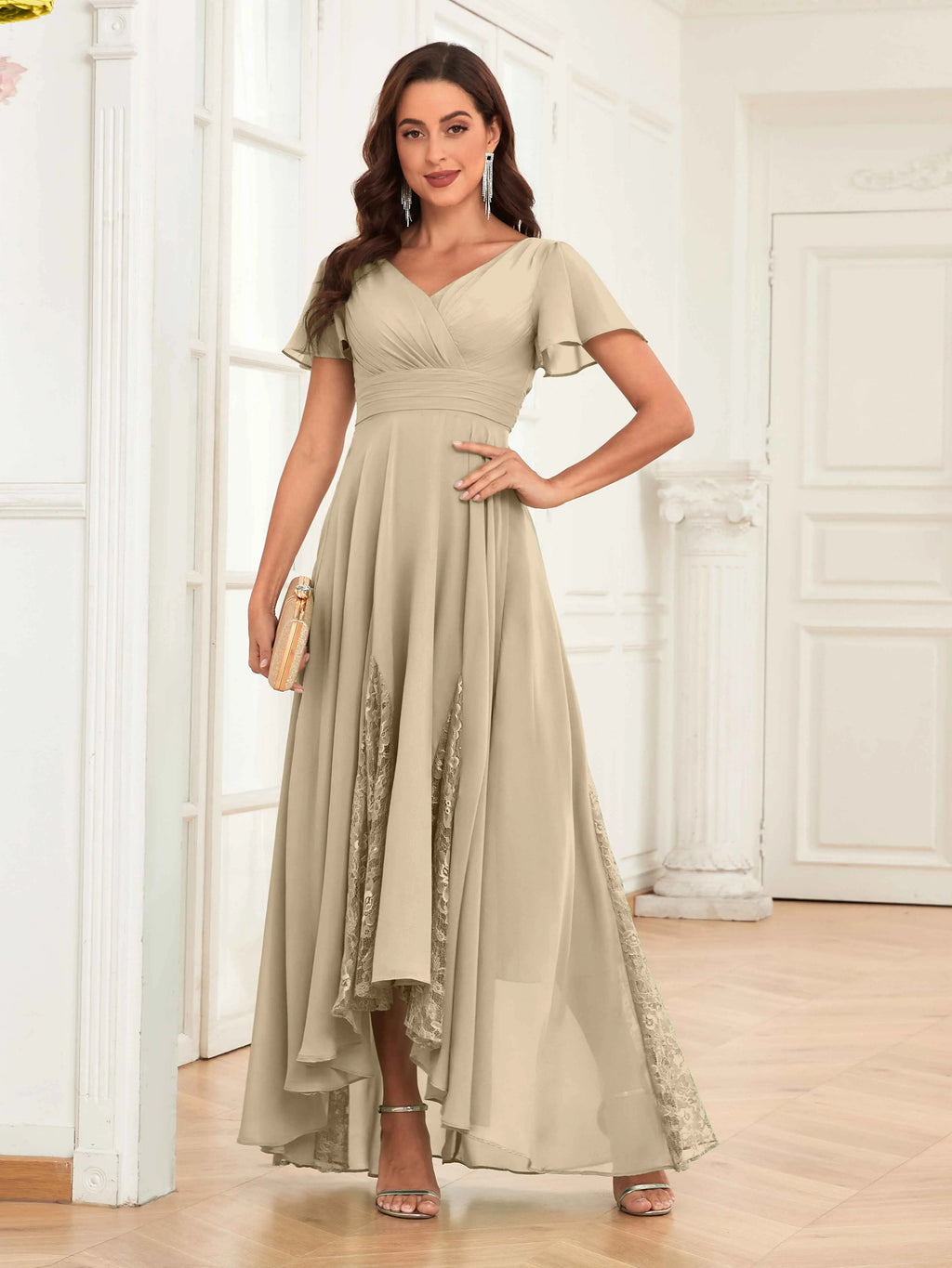 Mother of the Bride Chiffon Dress – Lace Ruched V-Neck High Low Formal Dress with Short Sleeves oaklynwear