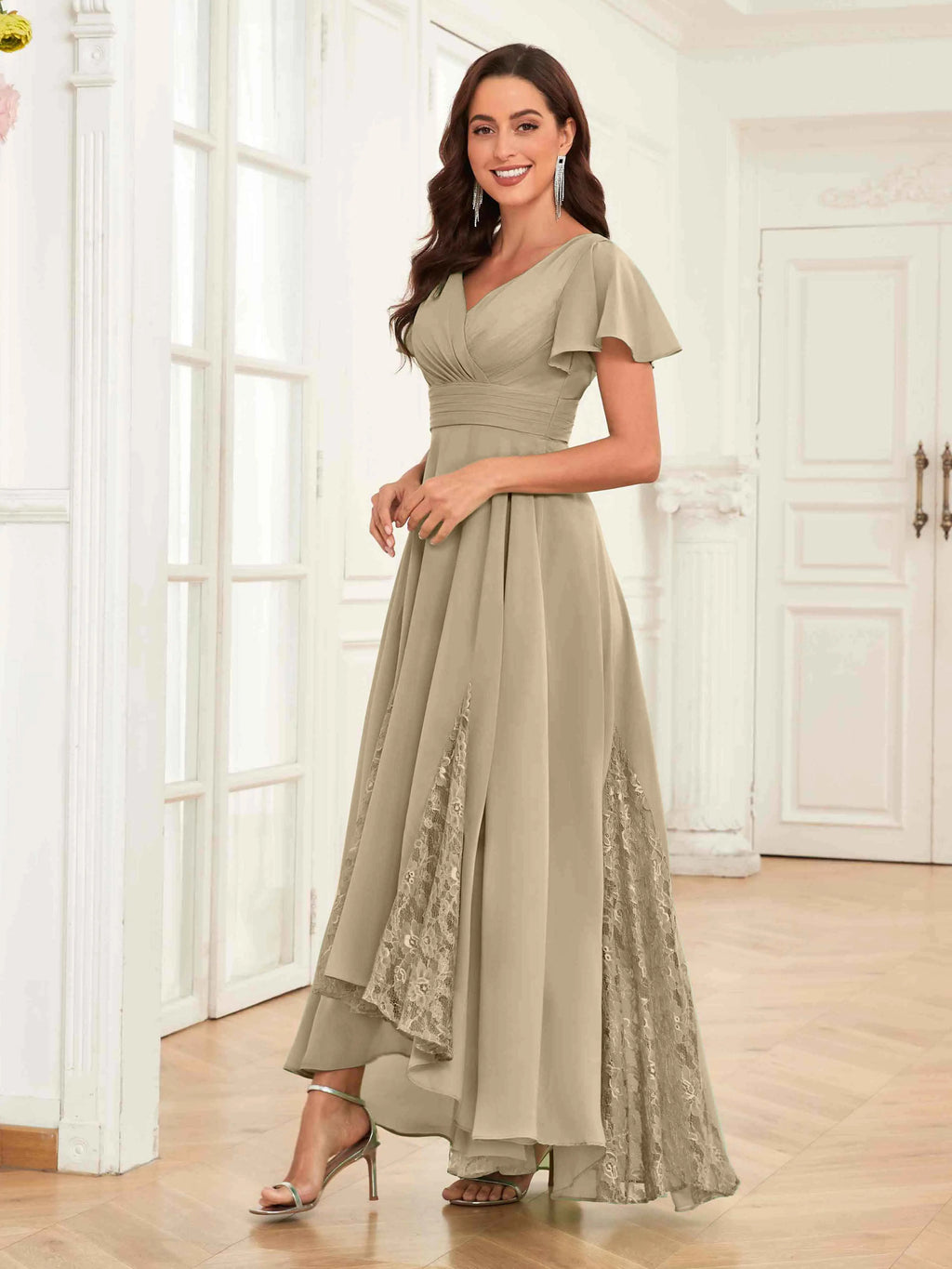 Mother of the Bride Chiffon Dress – Lace Ruched V-Neck High Low Formal Dress with Short Sleeves oaklynwear