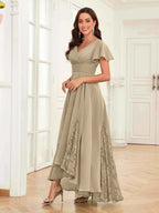 Mother of the Bride Chiffon Dress – Lace Ruched V-Neck High Low Formal Dress with Short Sleeves oaklynwear