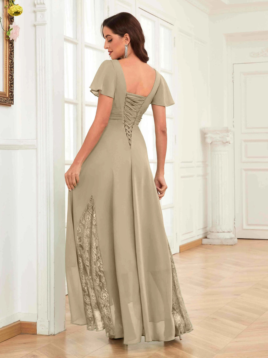 Mother of the Bride Chiffon Dress – Lace Ruched V-Neck High Low Formal Dress with Short Sleeves oaklynwear