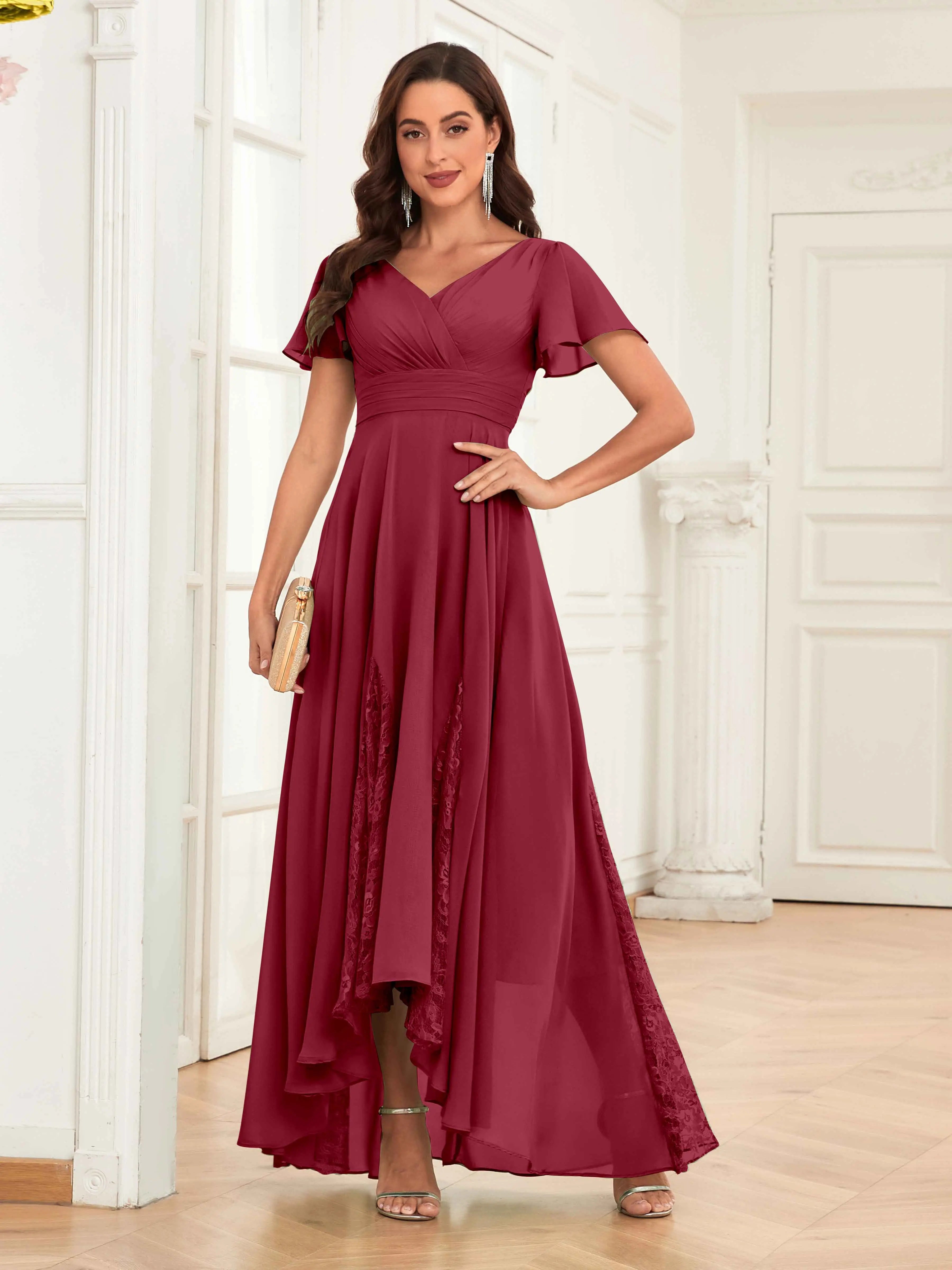Mother of the Bride Chiffon Dress – Lace Ruched V-Neck High Low Formal Dress with Short Sleeves oaklynwear