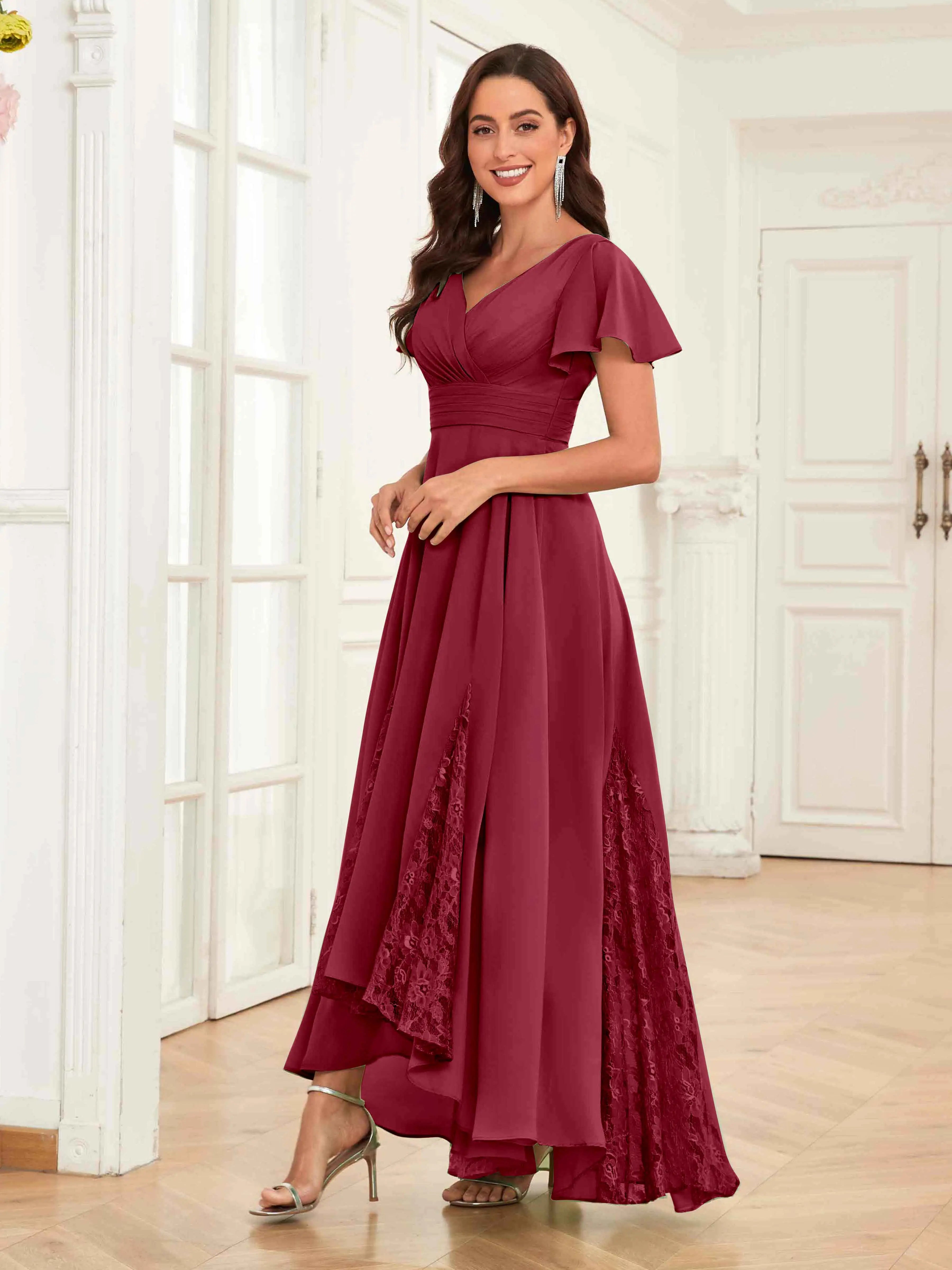Mother of the Bride Chiffon Dress – Lace Ruched V-Neck High Low Formal Dress with Short Sleeves oaklynwear