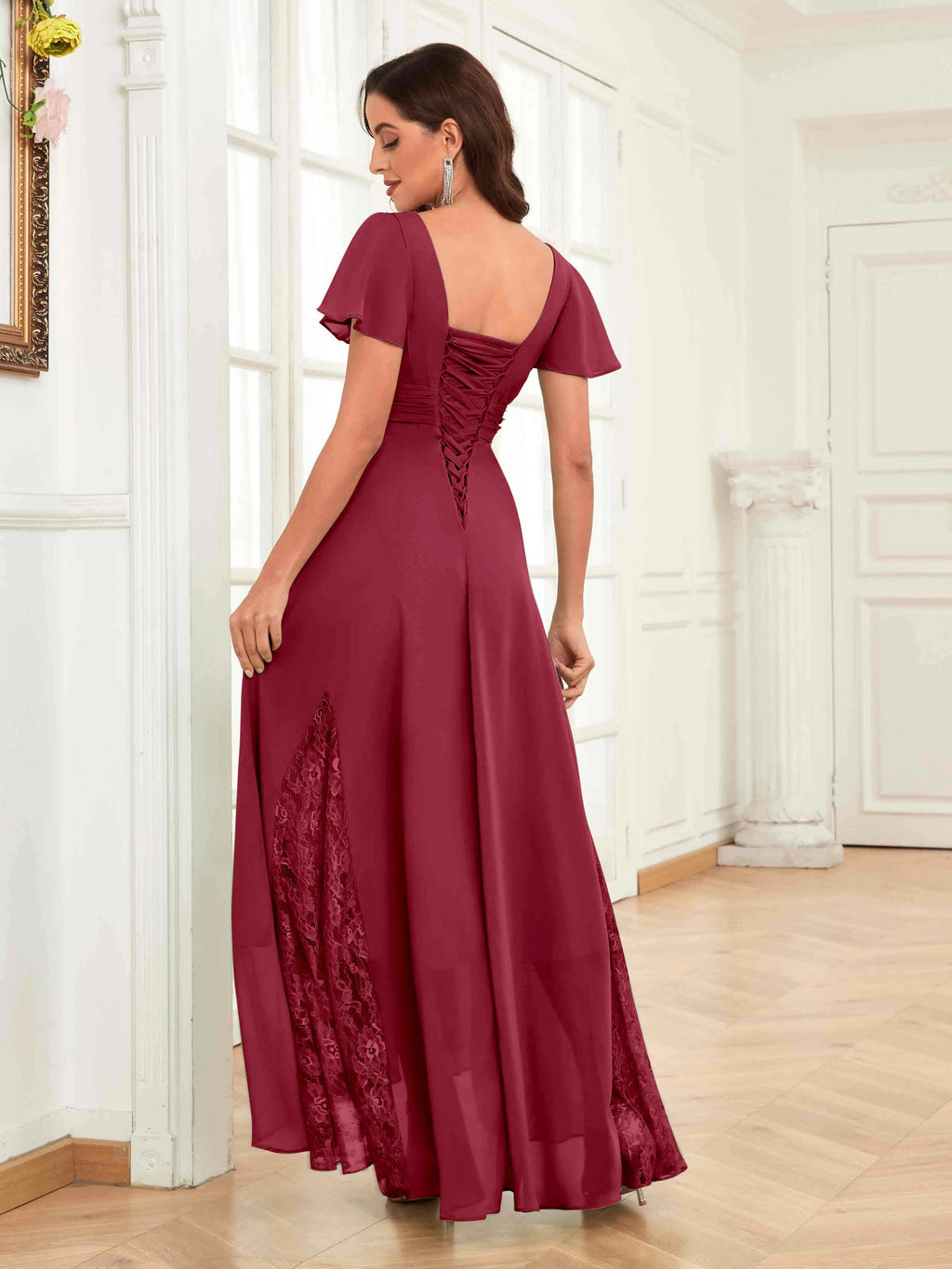 Mother of the Bride Chiffon Dress – Lace Ruched V-Neck High Low Formal Dress with Short Sleeves oaklynwear