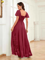 Mother of the Bride Chiffon Dress – Lace Ruched V-Neck High Low Formal Dress with Short Sleeves oaklynwear