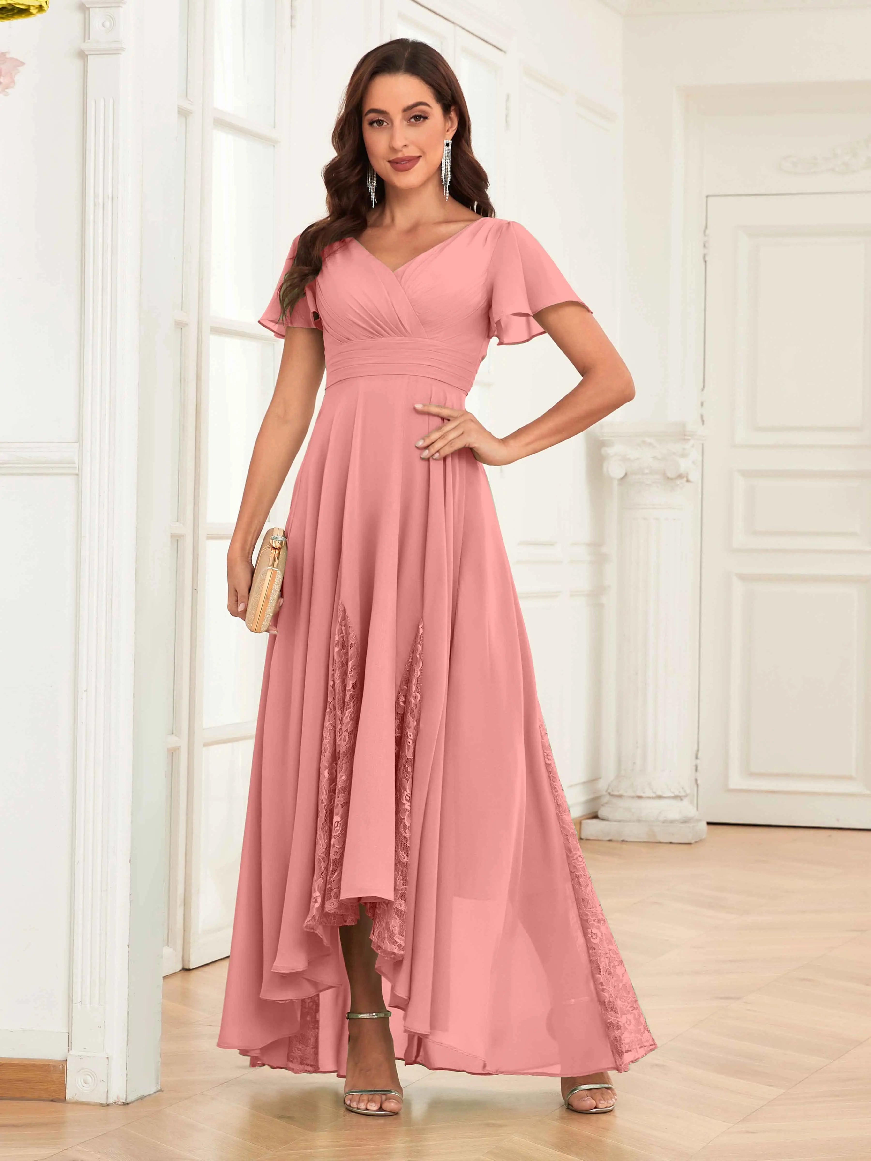 Mother of the Bride Chiffon Dress – Lace Ruched V-Neck High Low Formal Dress with Short Sleeves oaklynwear