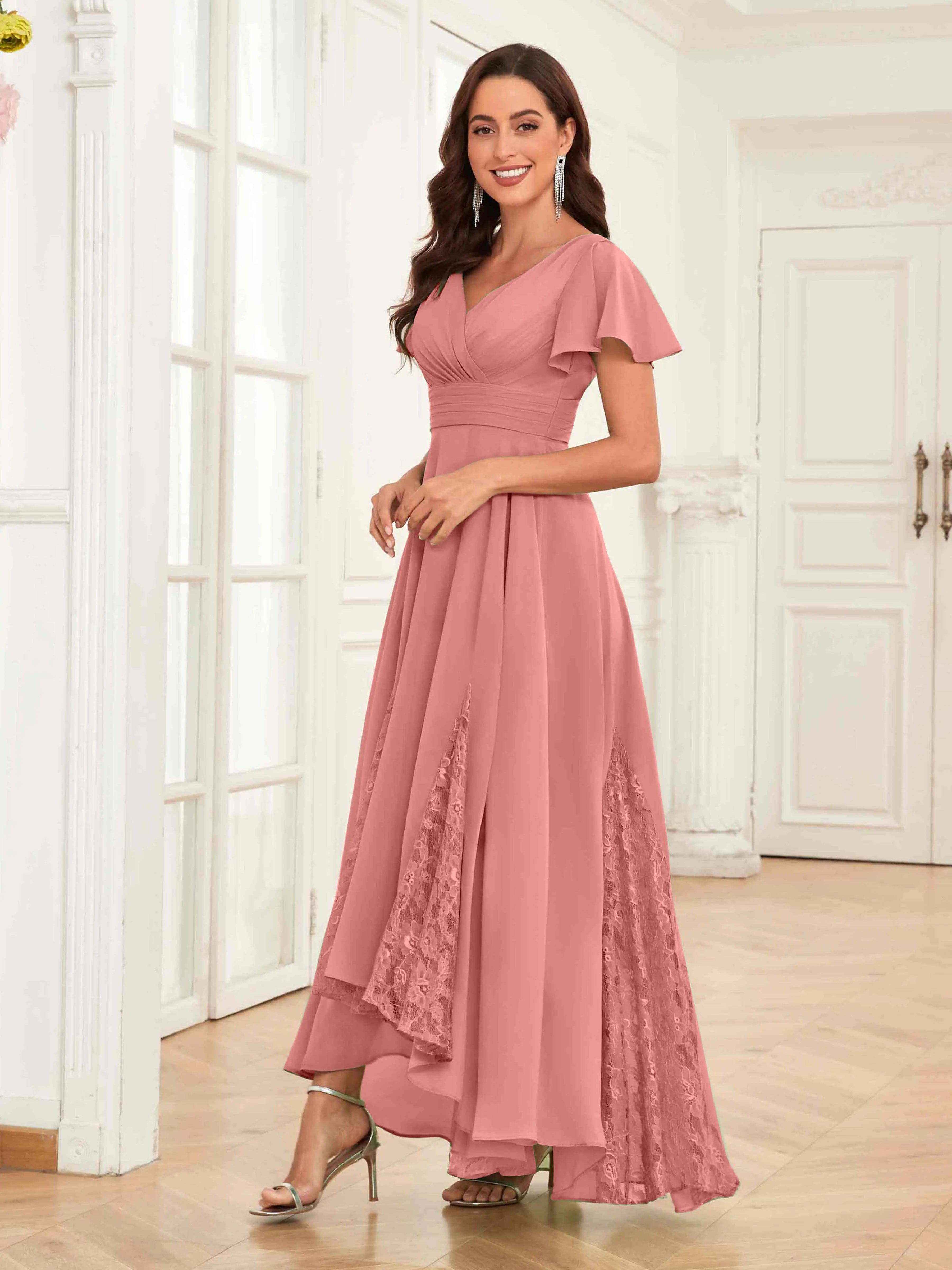 Mother of the Bride Chiffon Dress – Lace Ruched V-Neck High Low Formal Dress with Short Sleeves oaklynwear