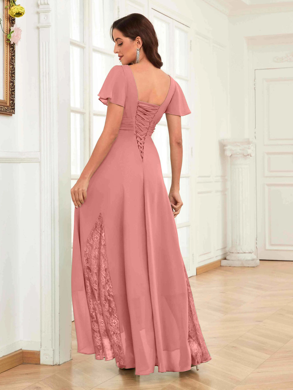 Mother of the Bride Chiffon Dress – Lace Ruched V-Neck High Low Formal Dress with Short Sleeves oaklynwear