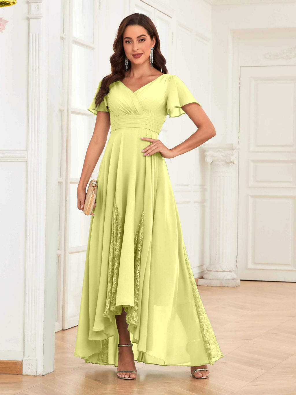 Mother of the Bride Chiffon Dress – Lace Ruched V-Neck High Low Formal Dress with Short Sleeves oaklynwear