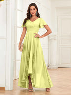 Mother of the Bride Chiffon Dress – Lace Ruched V-Neck High Low Formal Dress with Short Sleeves oaklynwear