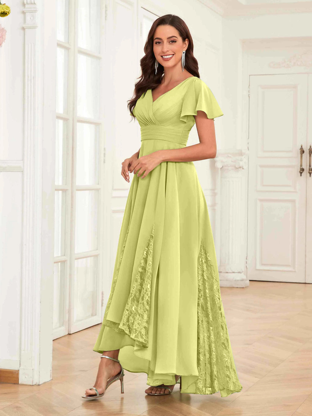 Mother of the Bride Chiffon Dress – Lace Ruched V-Neck High Low Formal Dress with Short Sleeves oaklynwear