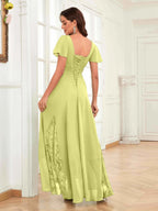 Mother of the Bride Chiffon Dress – Lace Ruched V-Neck High Low Formal Dress with Short Sleeves oaklynwear