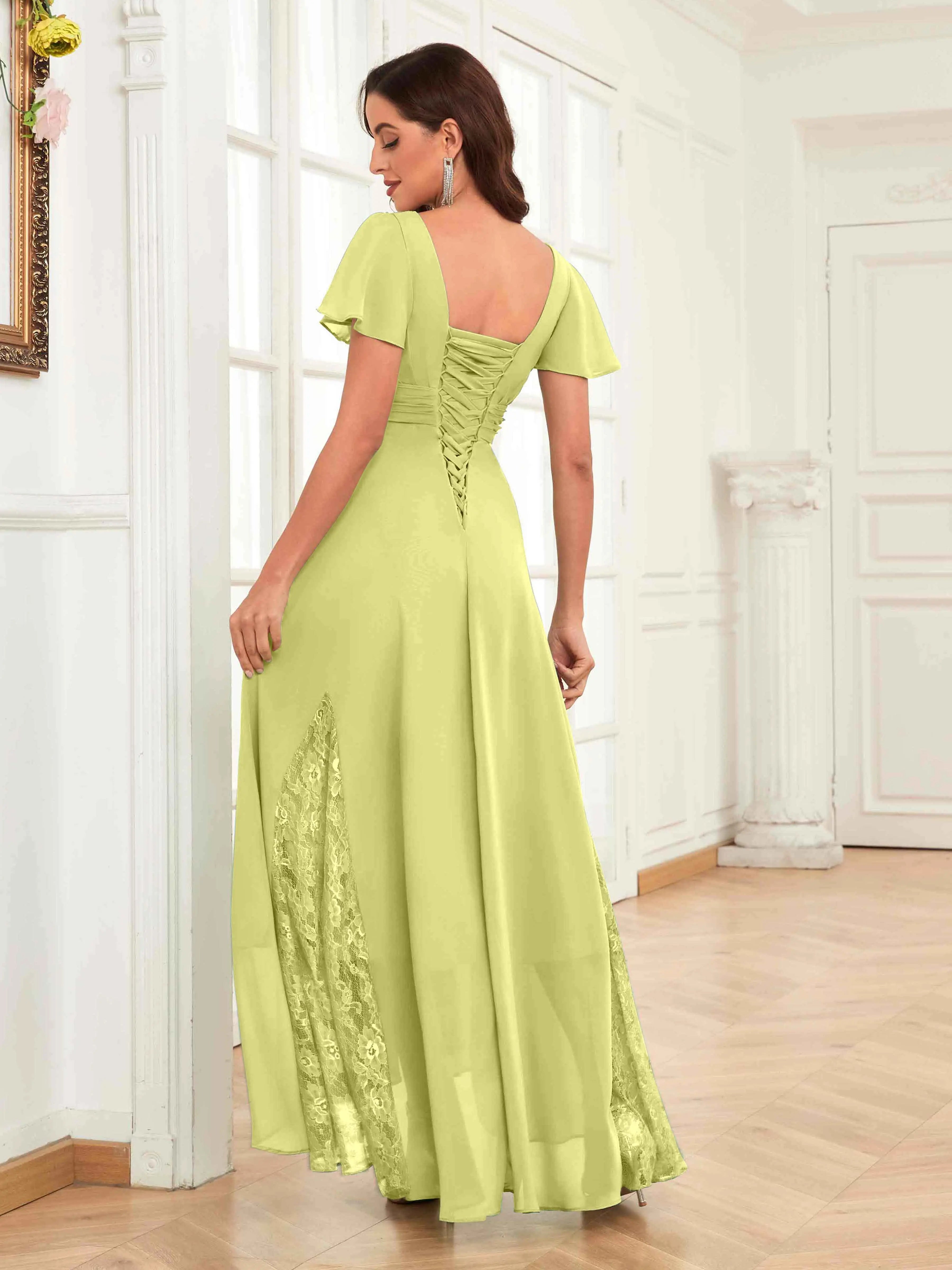 Mother of the Bride Chiffon Dress – Lace Ruched V-Neck High Low Formal Dress with Short Sleeves oaklynwear