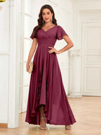 Mother of the Bride Chiffon Dress – Lace Ruched V-Neck High Low Formal Dress with Short Sleeves oaklynwear