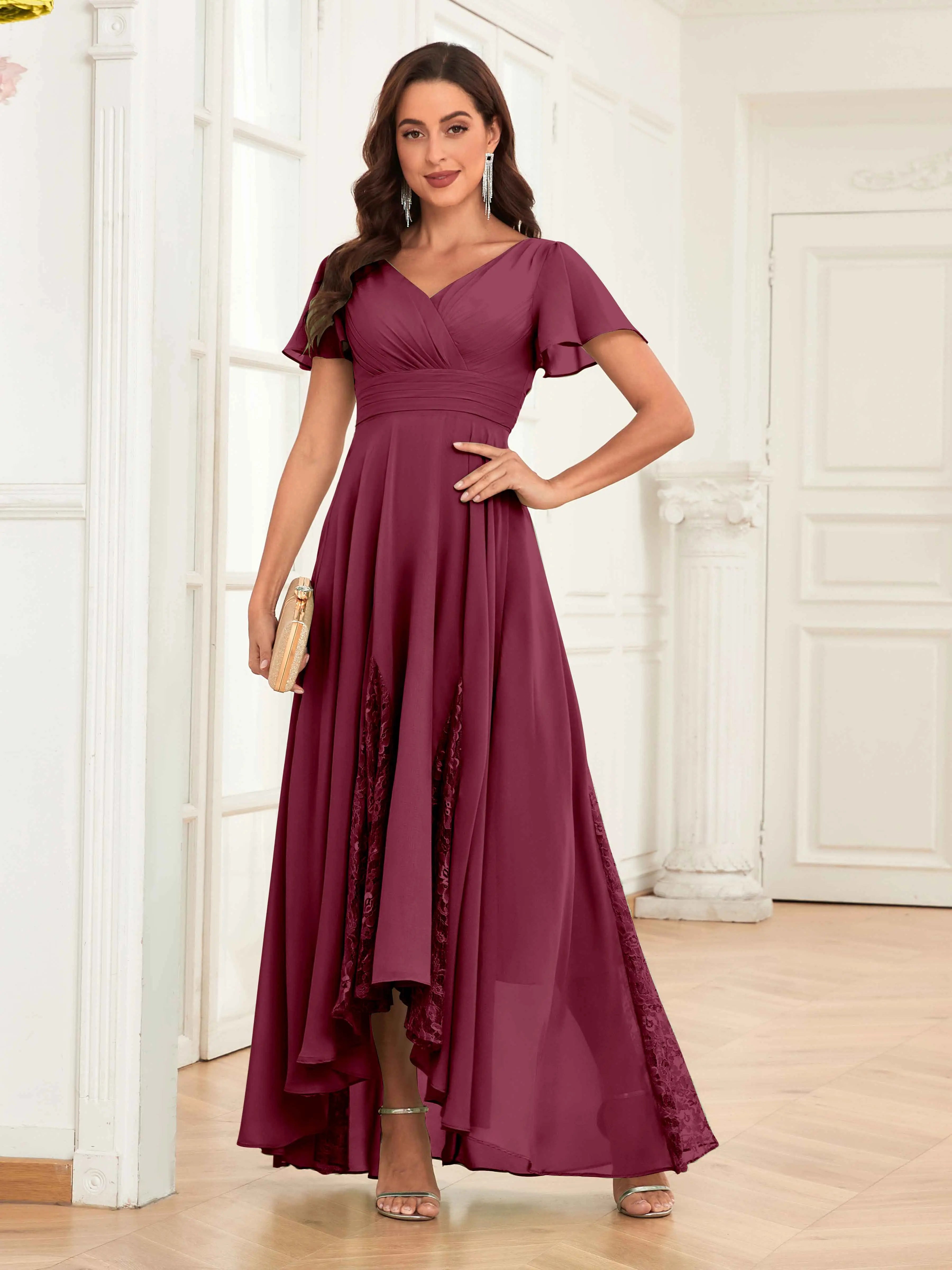 Mother of the Bride Chiffon Dress – Lace Ruched V-Neck High Low Formal Dress with Short Sleeves oaklynwear