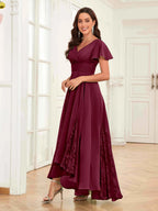 Mother of the Bride Chiffon Dress – Lace Ruched V-Neck High Low Formal Dress with Short Sleeves oaklynwear
