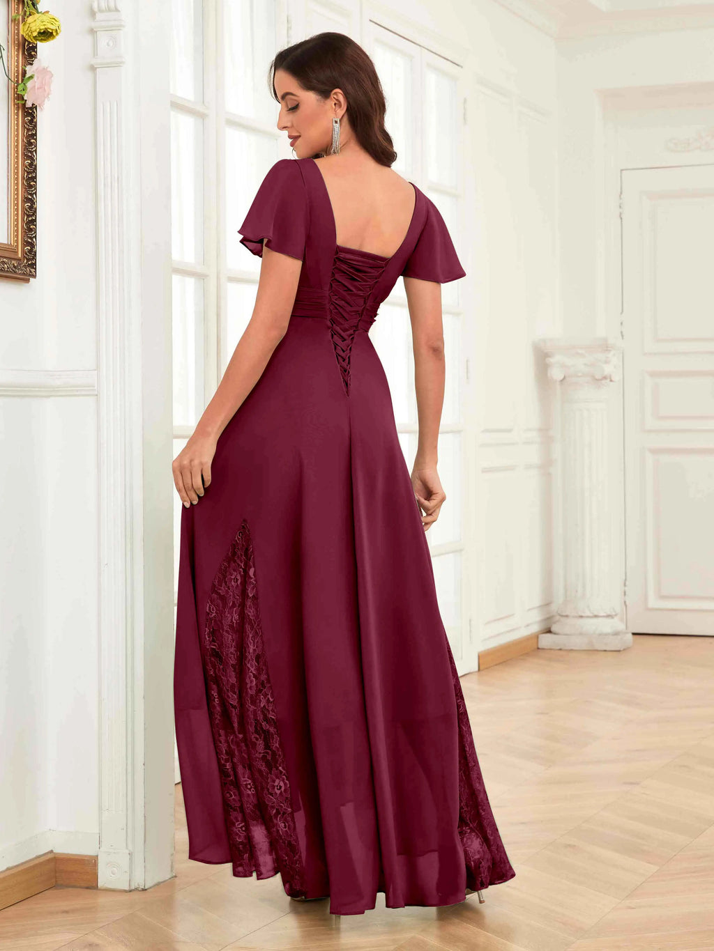 Mother of the Bride Chiffon Dress – Lace Ruched V-Neck High Low Formal Dress with Short Sleeves oaklynwear