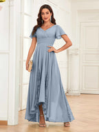 Mother of the Bride Chiffon Dress – Lace Ruched V-Neck High Low Formal Dress with Short Sleeves oaklynwear
