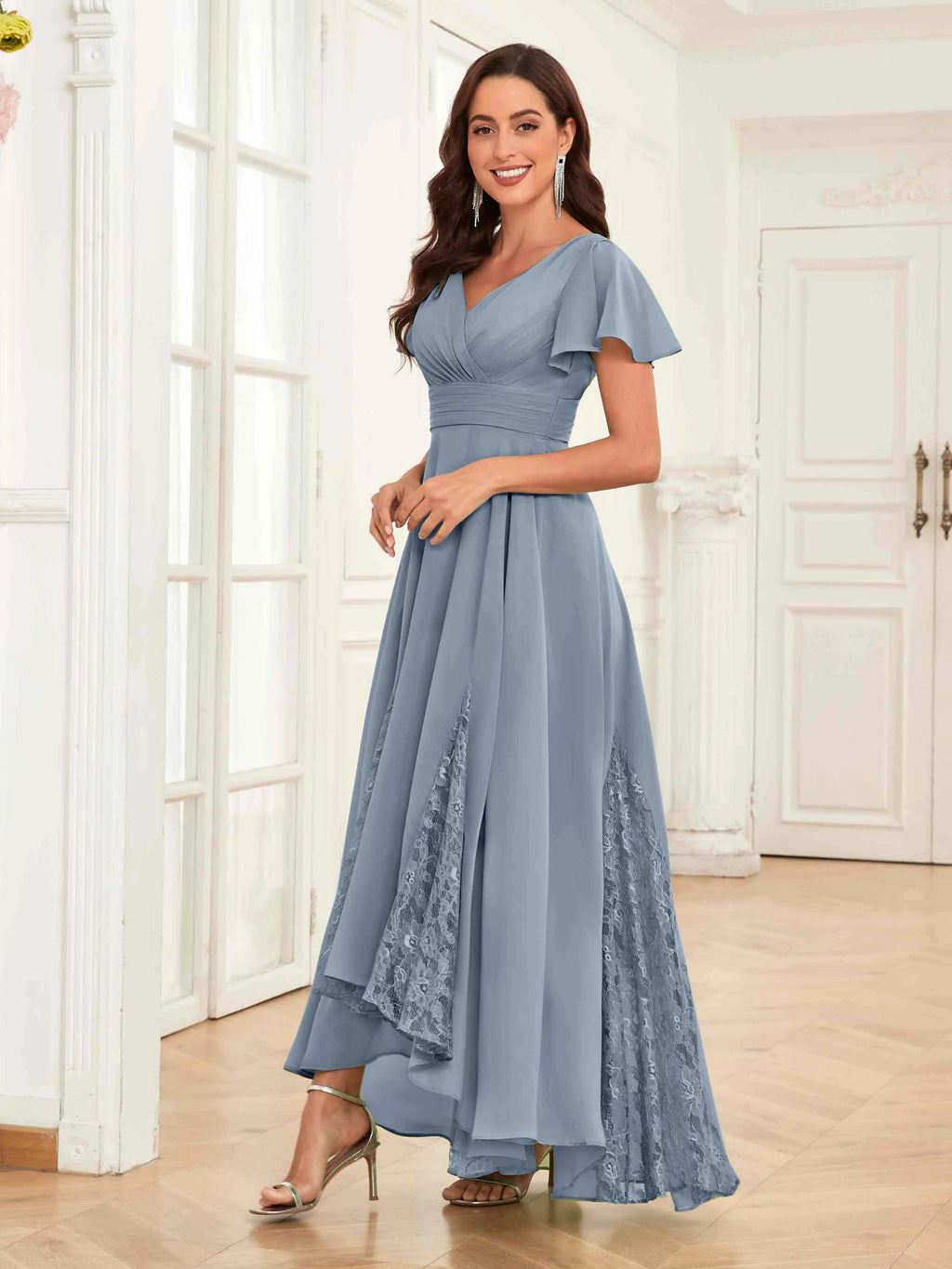Mother of the Bride Chiffon Dress – Lace Ruched V-Neck High Low Formal Dress with Short Sleeves oaklynwear