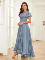 Mother of the Bride Chiffon Dress – Lace Ruched V-Neck High Low Formal Dress with Short Sleeves oaklynwear