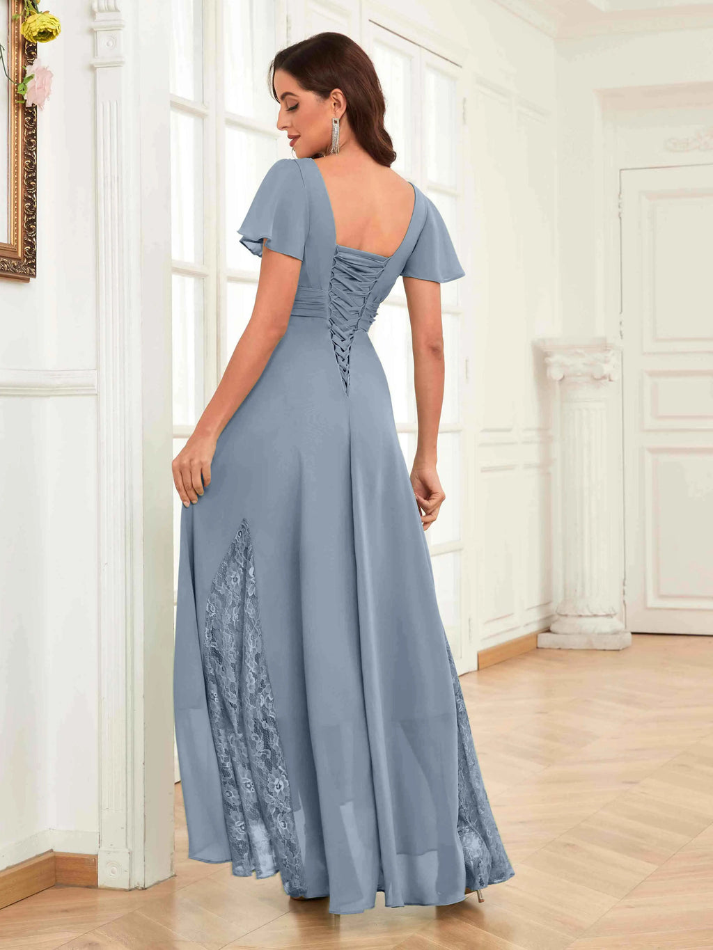Mother of the Bride Chiffon Dress – Lace Ruched V-Neck High Low Formal Dress with Short Sleeves oaklynwear
