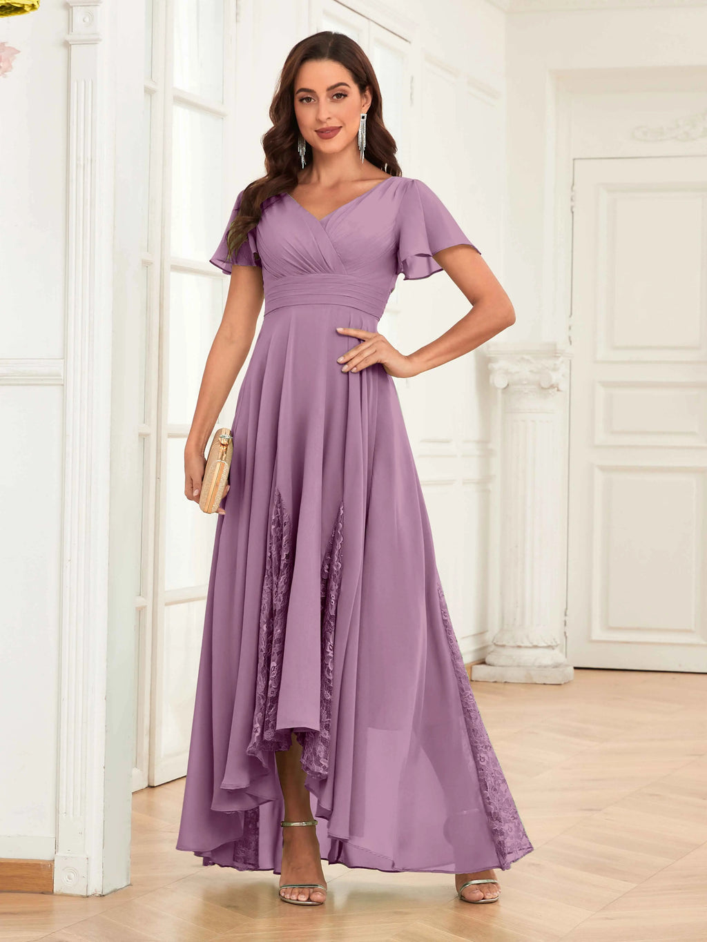 Mother of the Bride Chiffon Dress – Lace Ruched V-Neck High Low Formal Dress with Short Sleeves oaklynwear