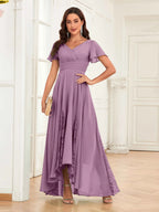 Mother of the Bride Chiffon Dress – Lace Ruched V-Neck High Low Formal Dress with Short Sleeves oaklynwear