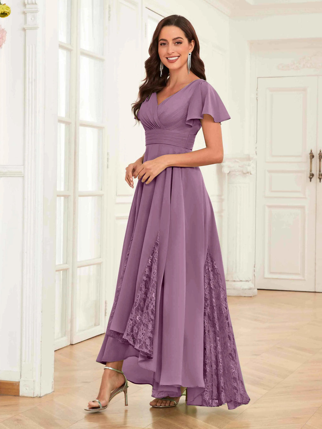 Mother of the Bride Chiffon Dress – Lace Ruched V-Neck High Low Formal Dress with Short Sleeves oaklynwear
