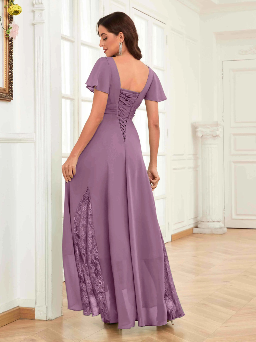 Mother of the Bride Chiffon Dress – Lace Ruched V-Neck High Low Formal Dress with Short Sleeves oaklynwear