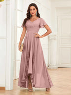 Mother of the Bride Chiffon Dress – Lace Ruched V-Neck High Low Formal Dress with Short Sleeves oaklynwear