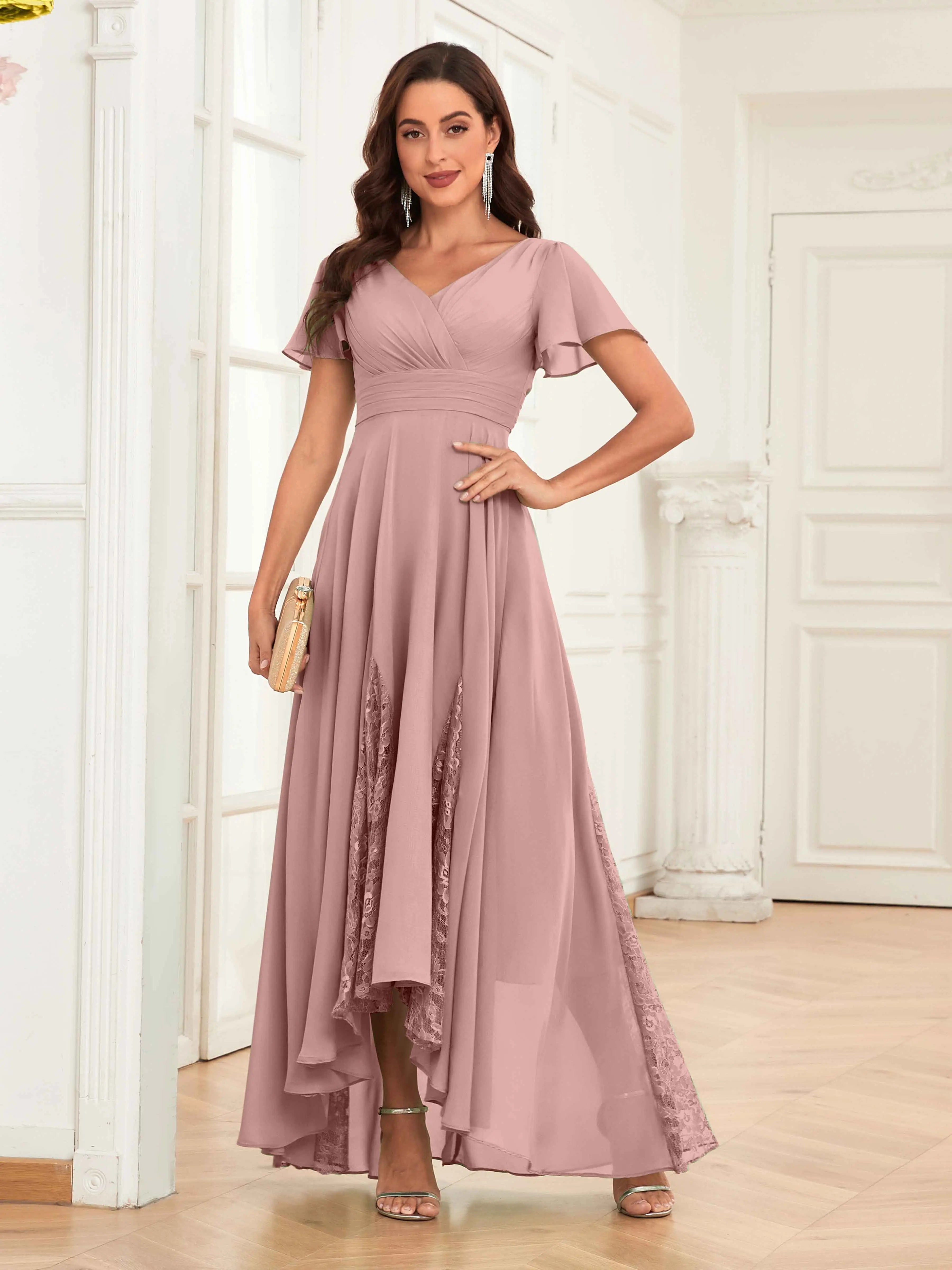 Mother of the Bride Chiffon Dress – Lace Ruched V-Neck High Low Formal Dress with Short Sleeves oaklynwear