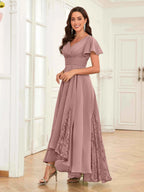 Mother of the Bride Chiffon Dress – Lace Ruched V-Neck High Low Formal Dress with Short Sleeves oaklynwear