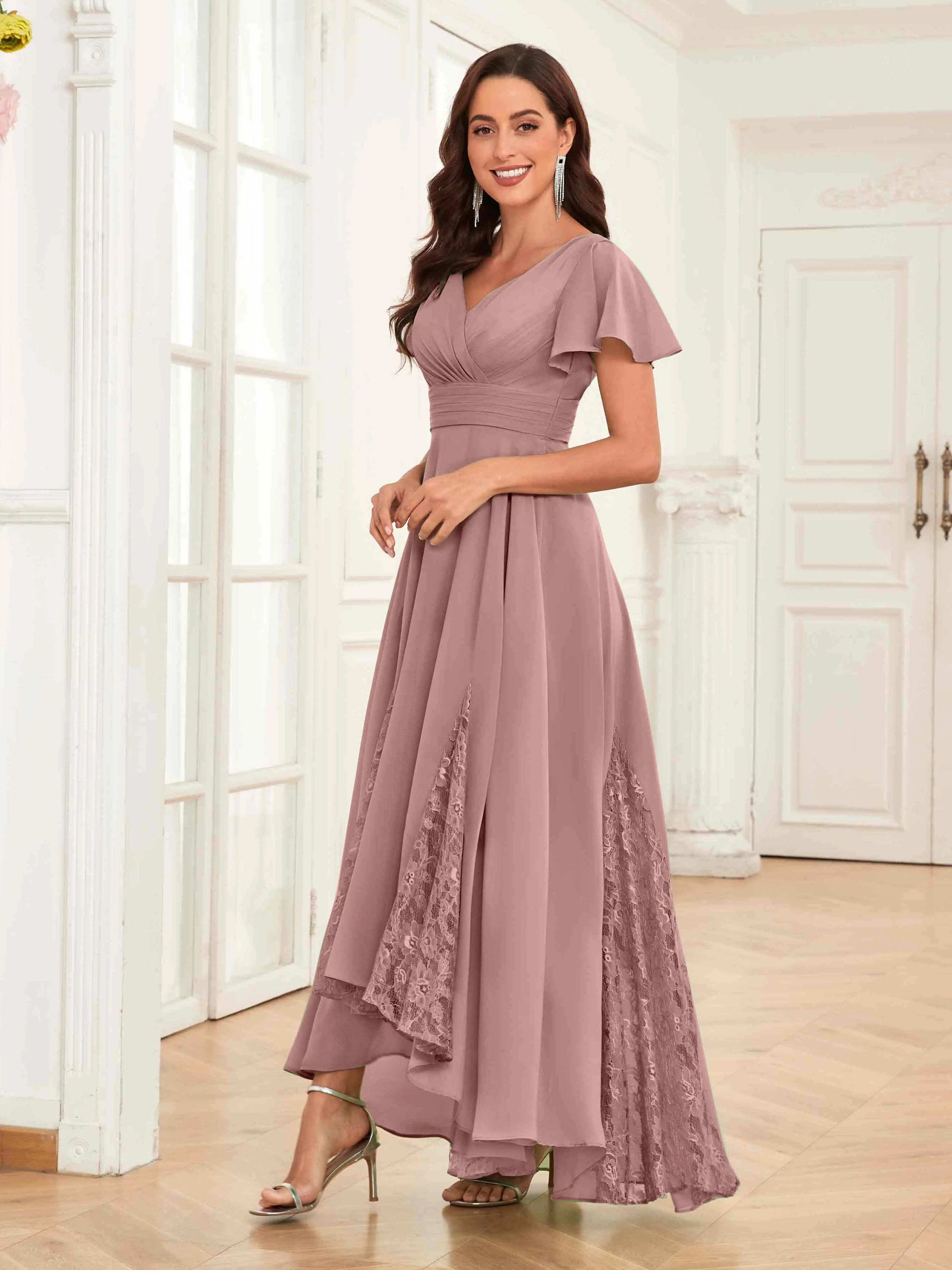 Mother of the Bride Chiffon Dress – Lace Ruched V-Neck High Low Formal Dress with Short Sleeves oaklynwear