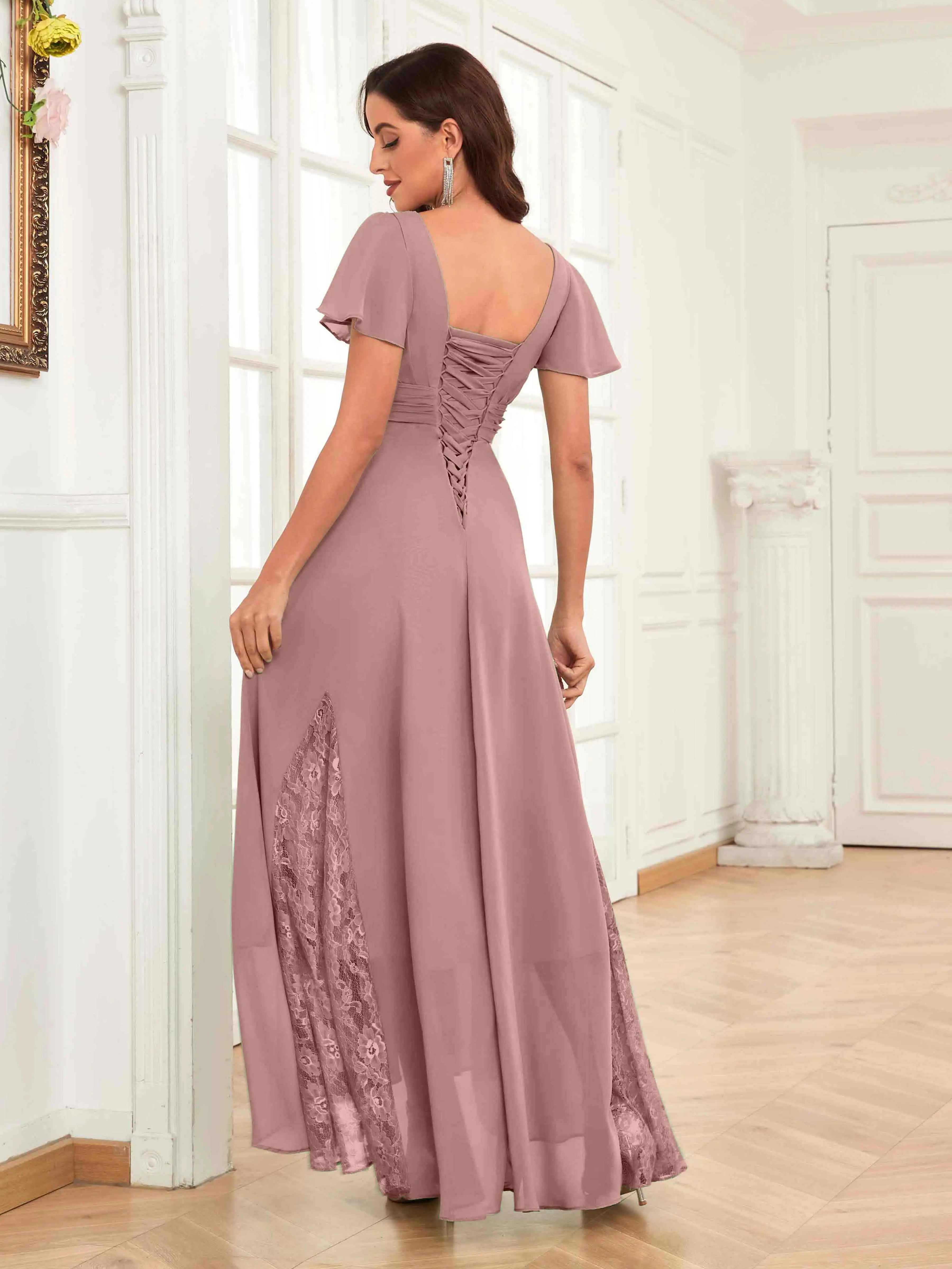 Mother of the Bride Chiffon Dress – Lace Ruched V-Neck High Low Formal Dress with Short Sleeves oaklynwear