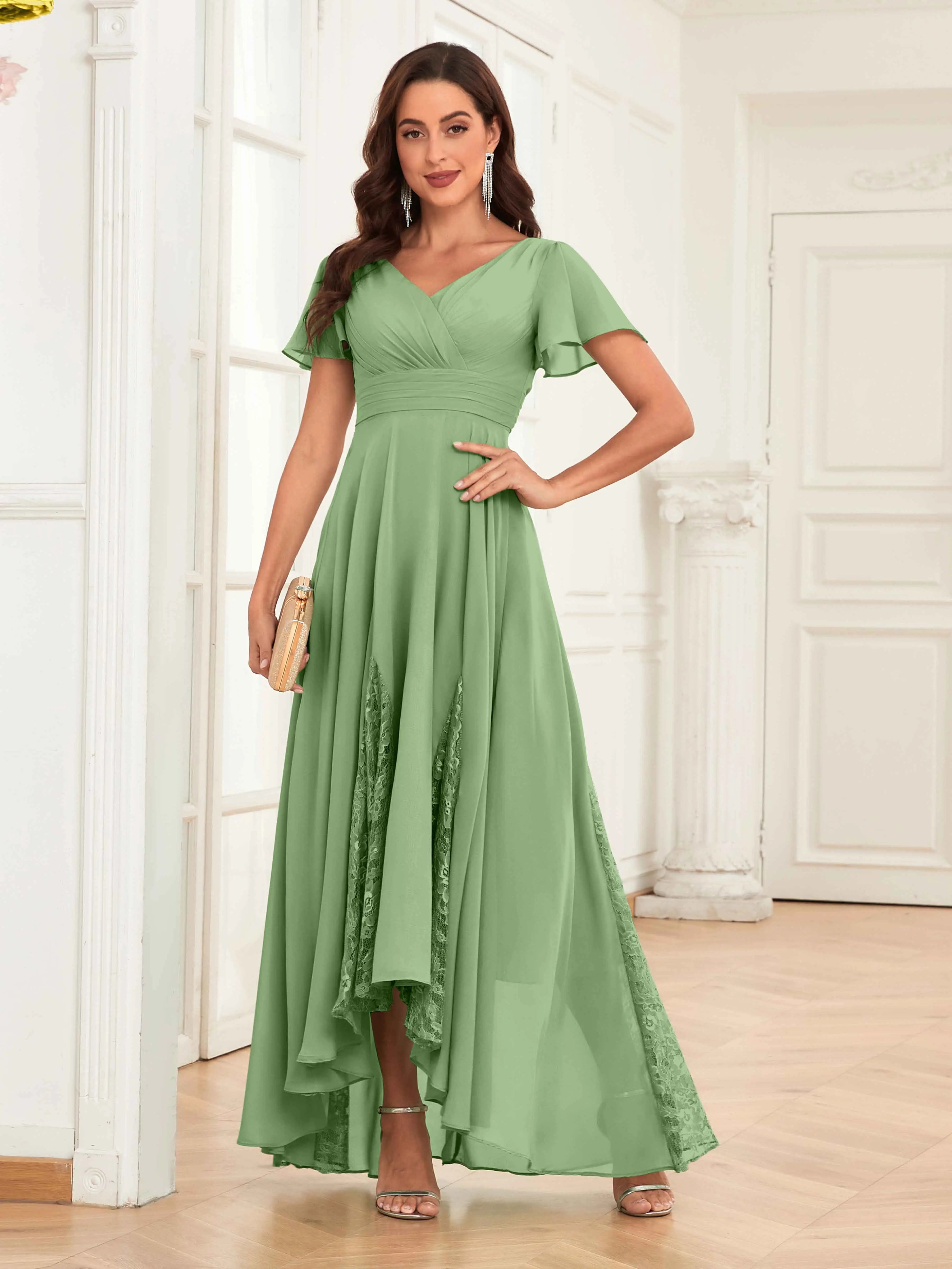 Mother of the Bride Chiffon Dress – Lace Ruched V-Neck High Low Formal Dress with Short Sleeves oaklynwear